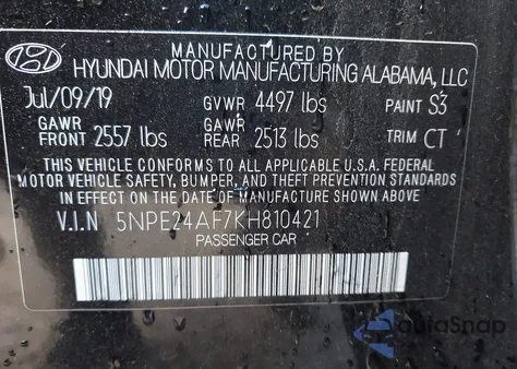 2019 Hyundai Sonata Se z USA, uszkodzony, nr VIN 5NPE24AF7KH810421